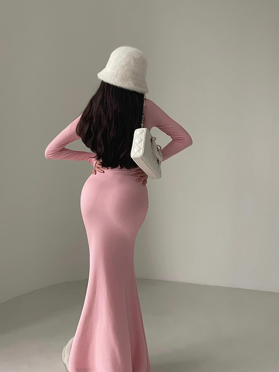 WOMENGAGA Spice Girl Style Sexy Tight Slim Zipper Lapel Long Sleeve Hip Slim V Neck Fishtail Dress Long Dresses Robe Korean K8ZD