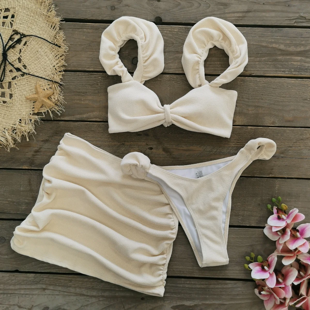 Ruffle Trim Halter Bikini Set Lace-up Thong Hip Wrapped Skirt Women's Swimsuit Sexy Beachwear Summer Bather Bathing Suit 2024