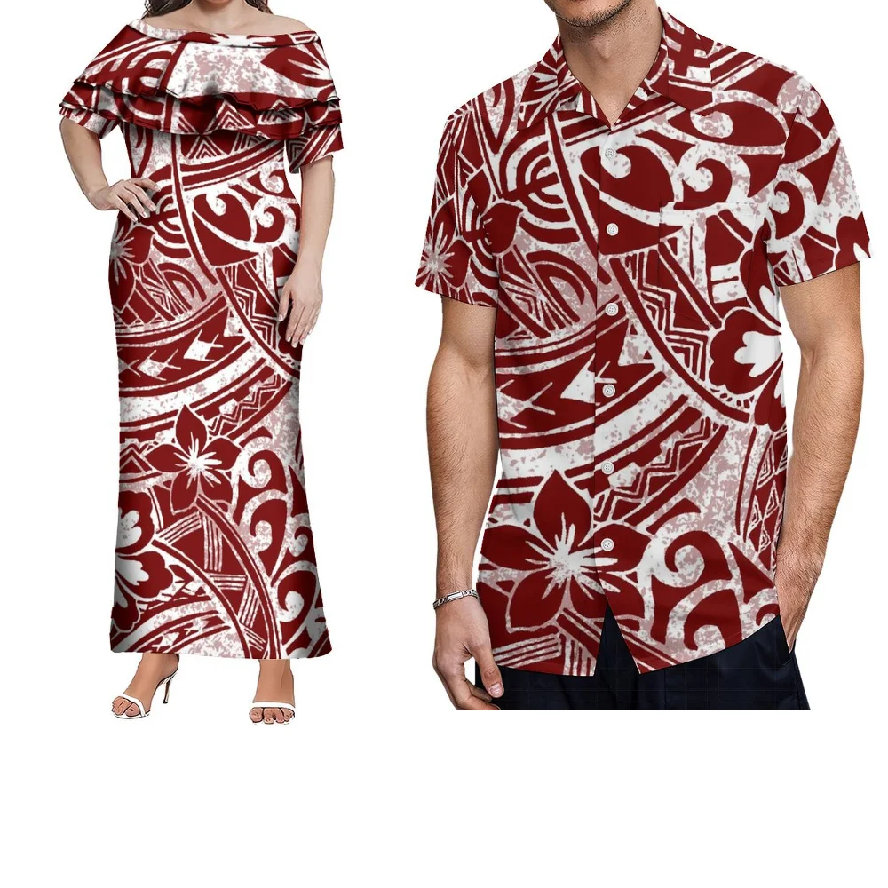 Abito monospalla su misura, set da coppia con design tribale polinesiano con stampa retrò, abito lungo da donna, camicia da uomo