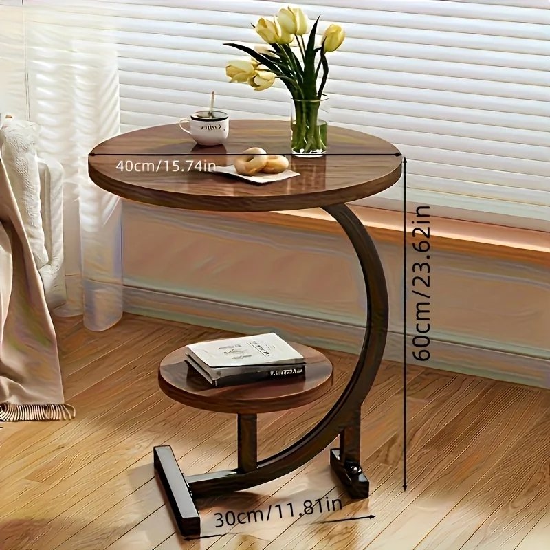 طاولة جانبية مستديرة حديثة - طاولة تخزين مزدوجة الطبقات لغرفة المعيشة وغرفة النوم |   تصميم موفر للمساحة