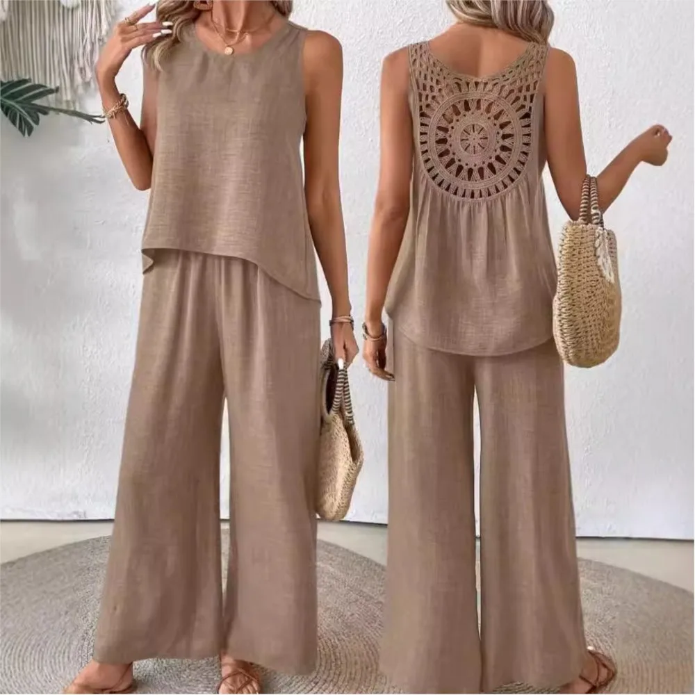 Fashion Hollow Solid Color Sleeveless T-shirt Women Suit Summer New Casual Relaxed Simple Pants Pocket Female Office 2-piece Set