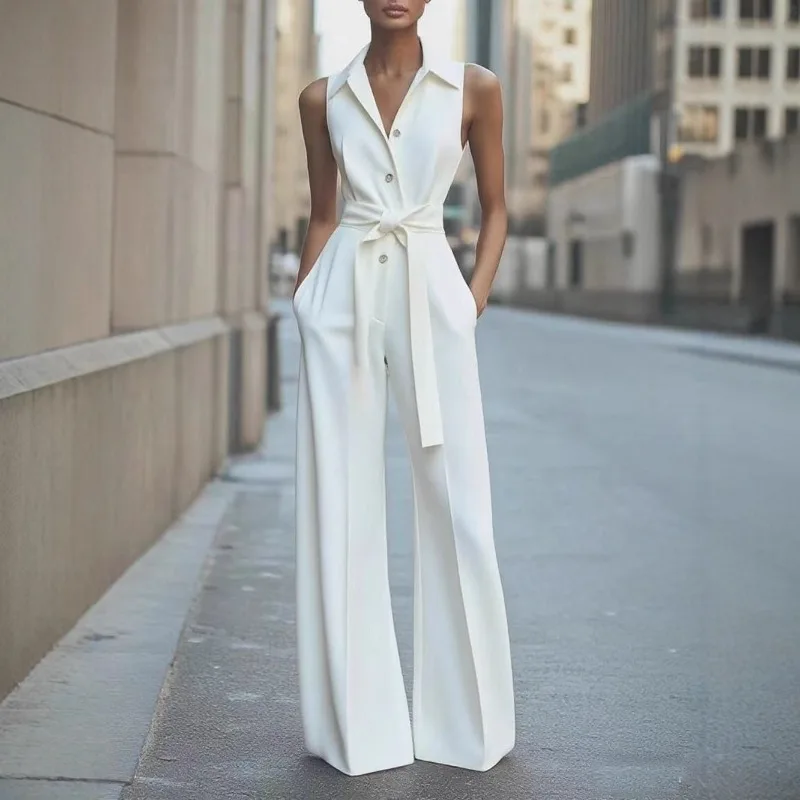 ノースリーブ ラペル ジャンプスーツ レディース ファッション ボタンダウン シャツカラー 無地 ワイドレッグ 通勤 オフィス ポケット付き ジャンプスーツ