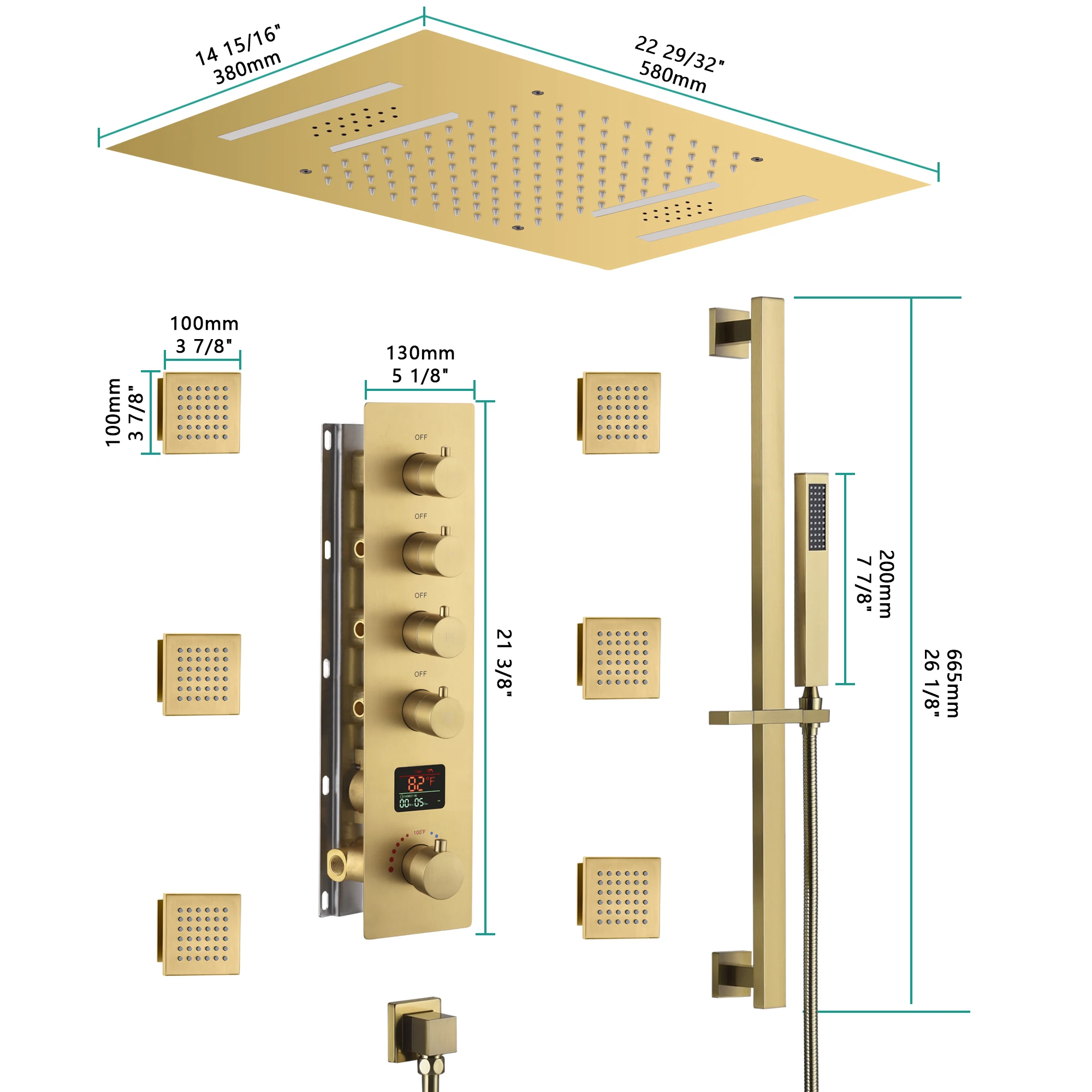 

380 мм * 580 мм из нержавеющей стали, 4-функциональный светодиодный термостатический цифровой черный смеситель для душа с музыкой для отелей