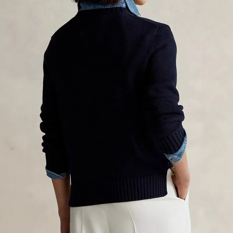 2025 New Women's Cotton Cartoon Bear Print Sweater Round Neck College Style Youthful Loose Fit for Autumn Winter Casual