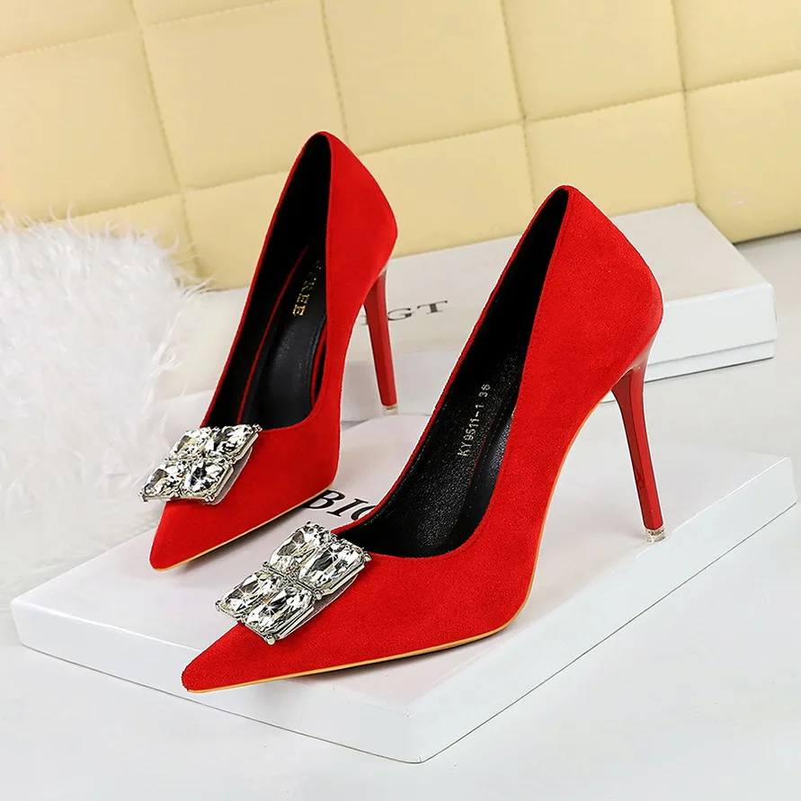 

BIGTREE 2024 Women Ladies Pumps Drilled Buckle Flock High Heels Prom Dress Shoe Stiletto Heels 10.5cm Khaki Red Black