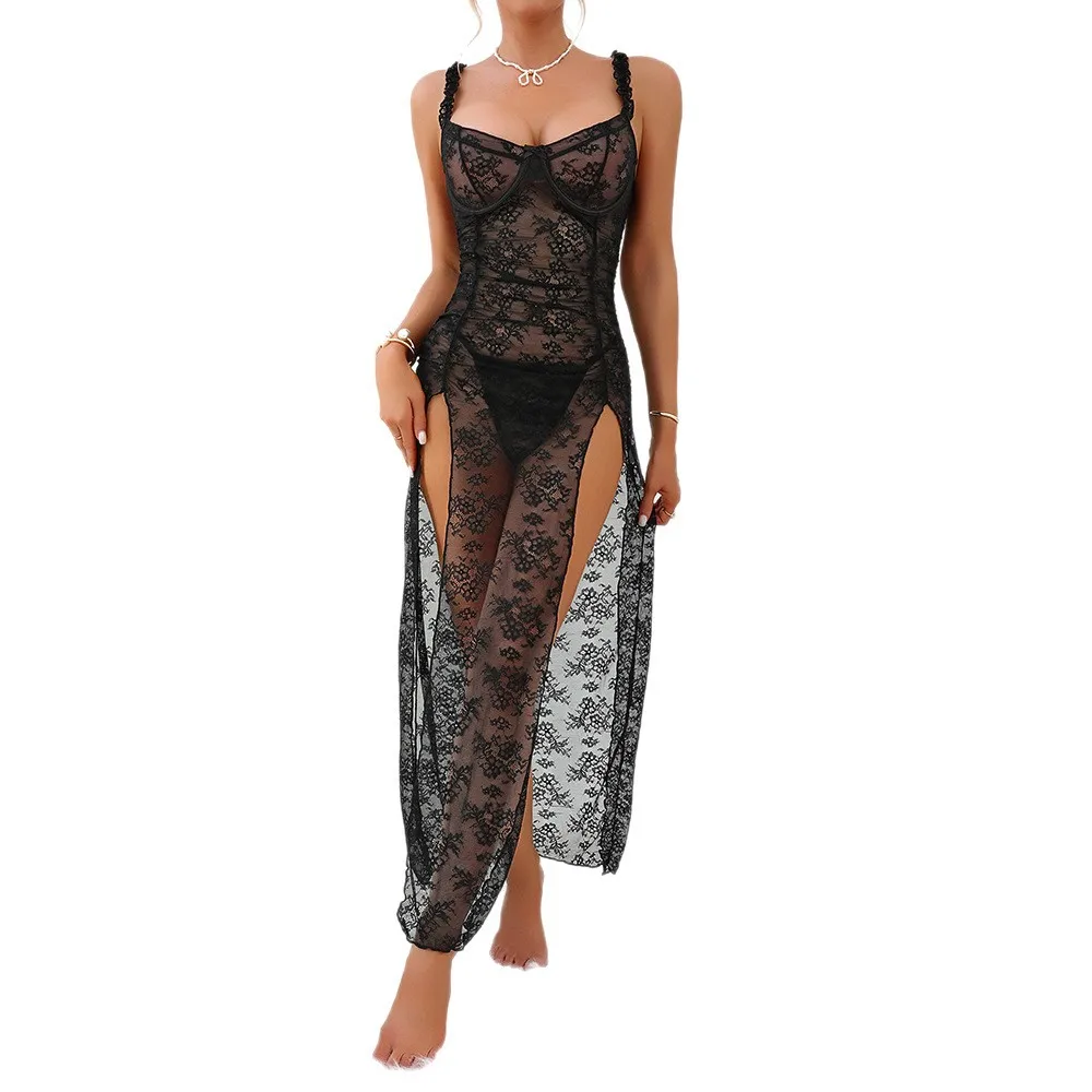 Black Lace See-through Hollow-out Strap Dress Sexy High Slit Bodycon Mesh Paneling Long Skirt plus Size