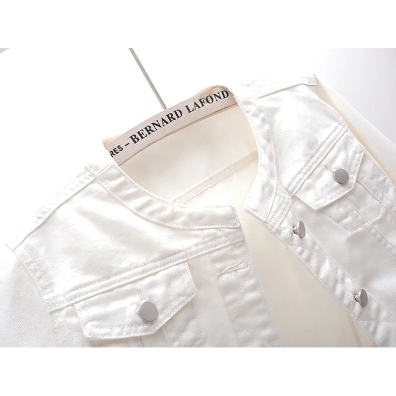 Letnia Cienka Kurtka Jeansowa Damska z Krótkim Rękawem Trzy Czwarte, Dekolt Okrągły, Dopasowana, Krótka Kurtka Kowbojska, Biała Kurtka Jeansowa Damska Chaqueta Mujer