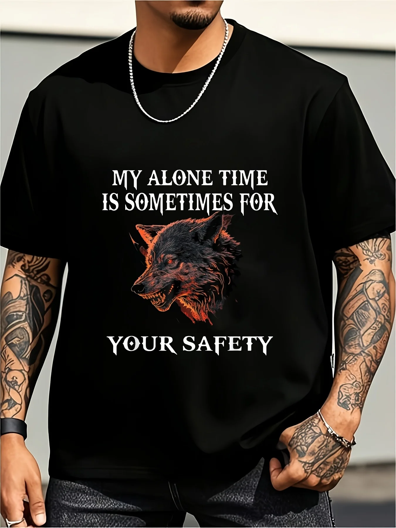 Men's and Unisex Printed Short-Sleeve Round-Neck Retro-Style Sketch Pattern Regular Fit Slightly Stretchy 2025 Summer Angry Wolf Same Style Plus Size Retro Casual Round-Neck Printed T-Shirt
