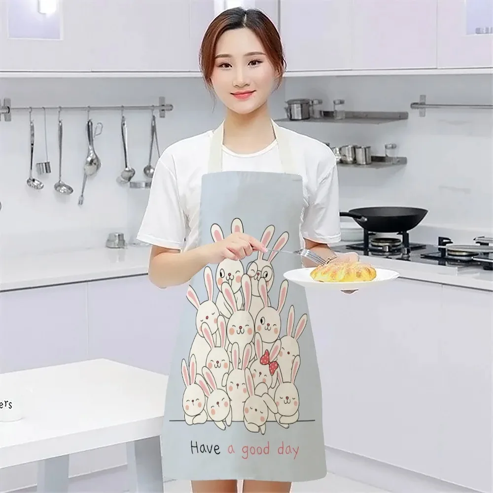 Rabbit Pattern Cleaning Art Aprons Home Cooking Cute Rabbits Kitchen Apron Cook Wear Cotton Linen Adult Bibs 55x68cm