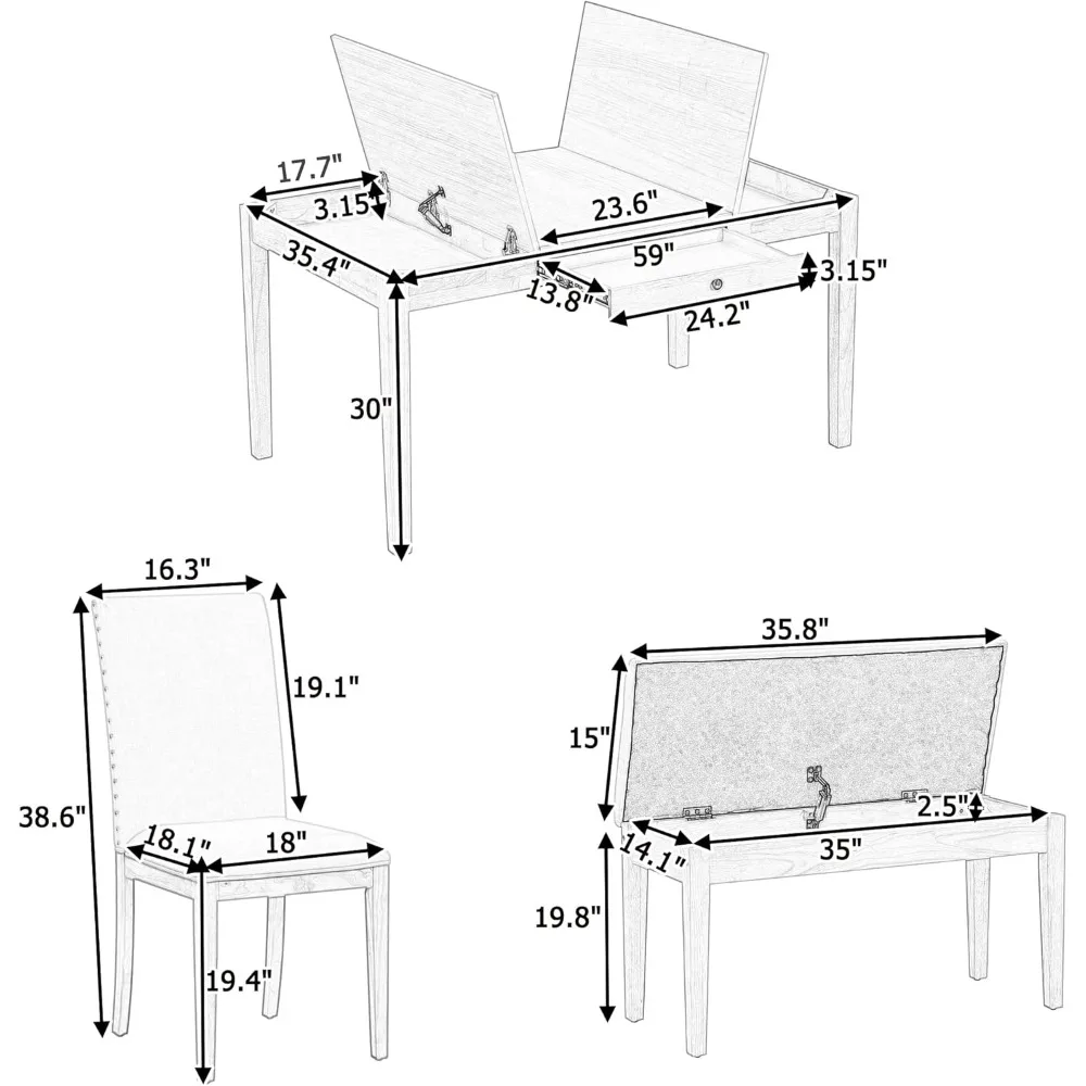 Dining Table Set for 6 with Drawer, Kitchen Table Set with Storage Table, Dinings Room Table Set, Storable Bench, Dining Tables