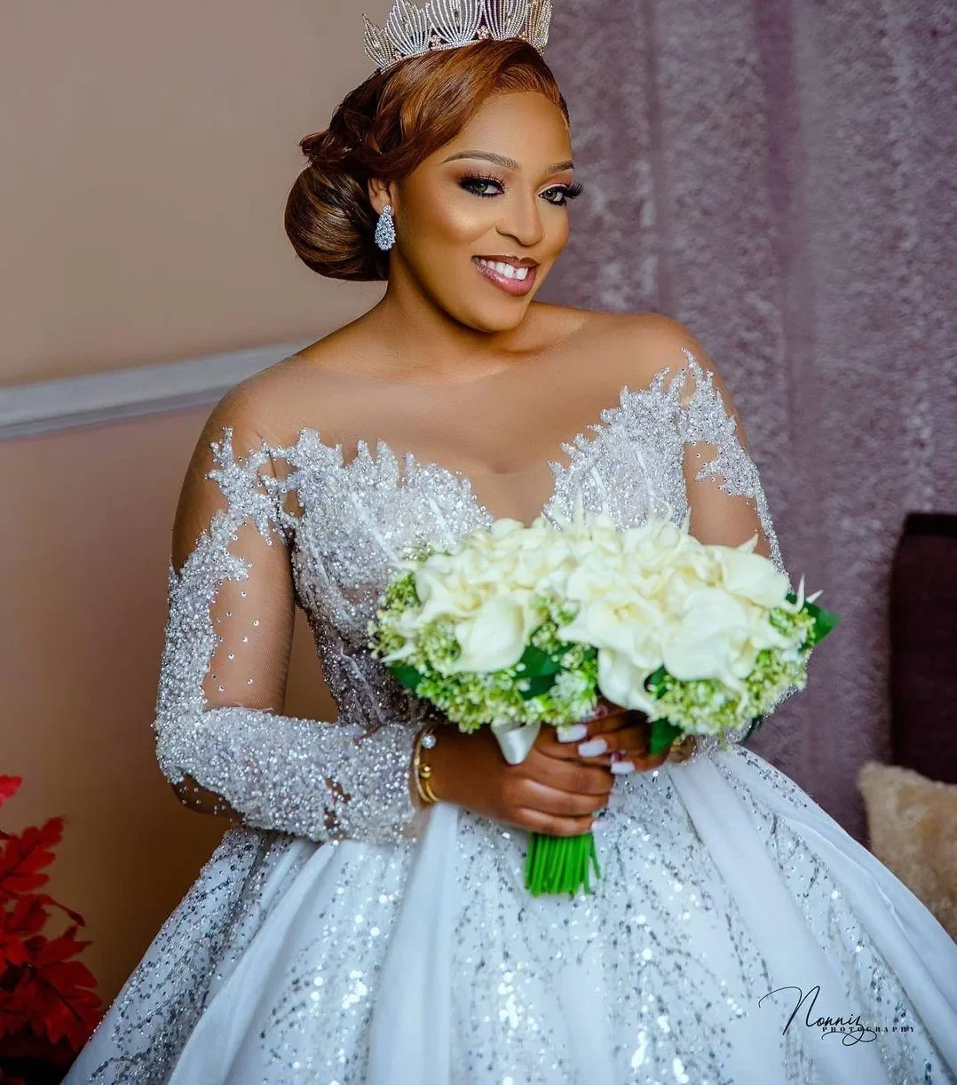 

Arabic Aso Ebi Luxury Wedding Dress Long Sleeves Illusion Organza Sequins Glitter South Africa Bridal Gowns Vestidos De Noiva