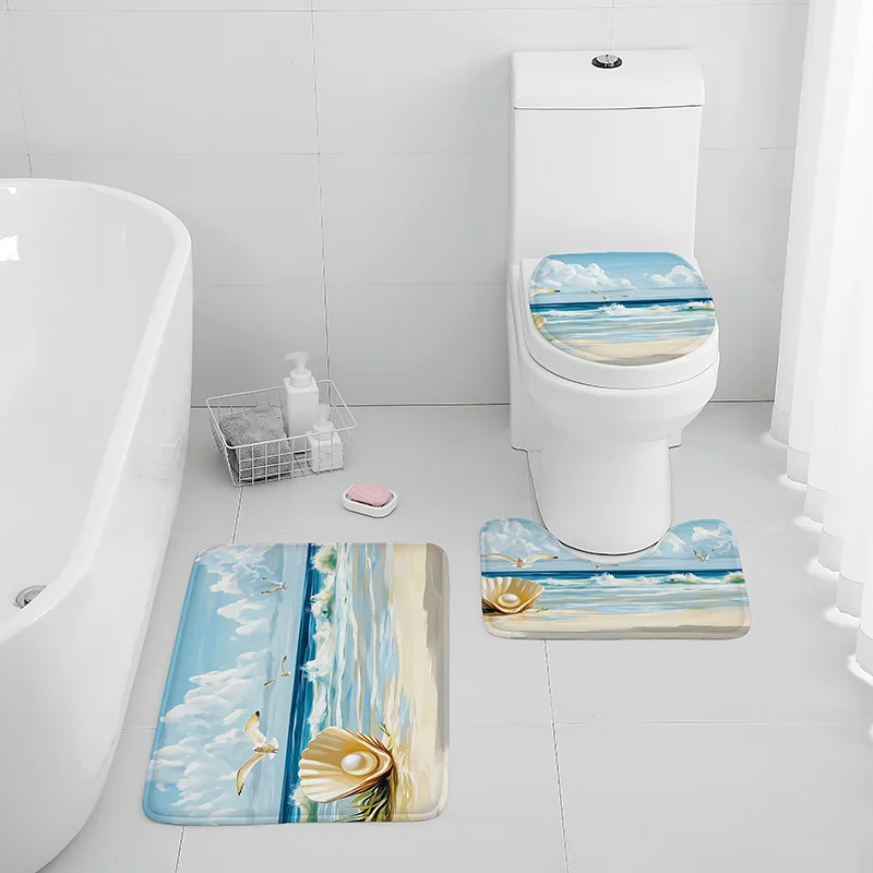 Waschbares 3-teiliges Badezimmerteppich-Set, rutschfest, Ozean-Thema, Toilettenmatte, Badewanne, Fußpolster, Fußmatte, Flanell-Dekor mit Muscheldruck