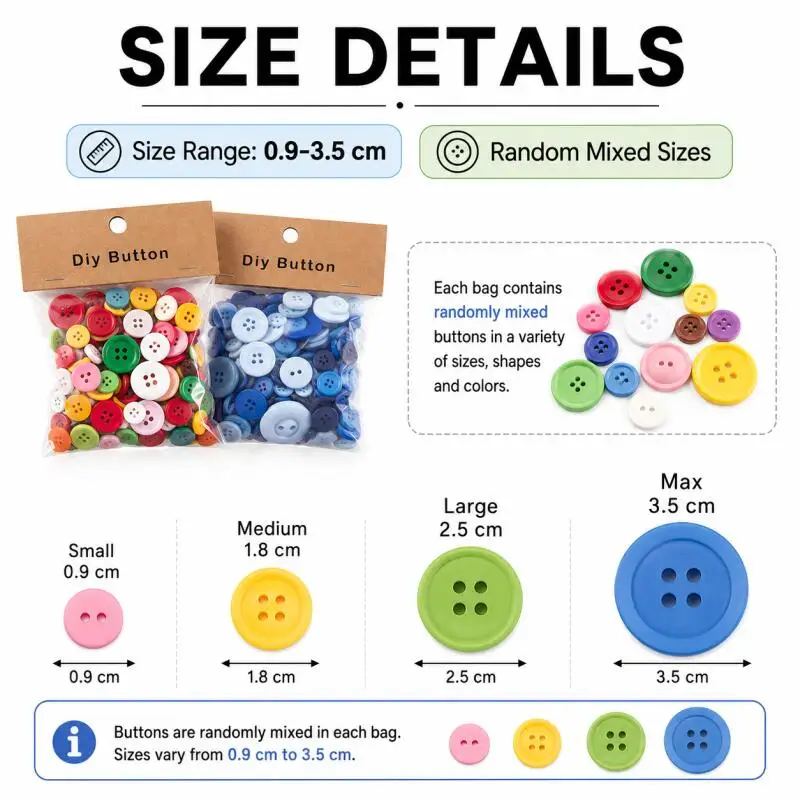 150g/Packung, gemischte Größen, gemischte Farben, Harzknöpfe 0,9-3,5 cm, Nähknöpfe, handgemachtes Scrapbook-Bastelzubehör, DIY-Nähzubehör – Detail 2