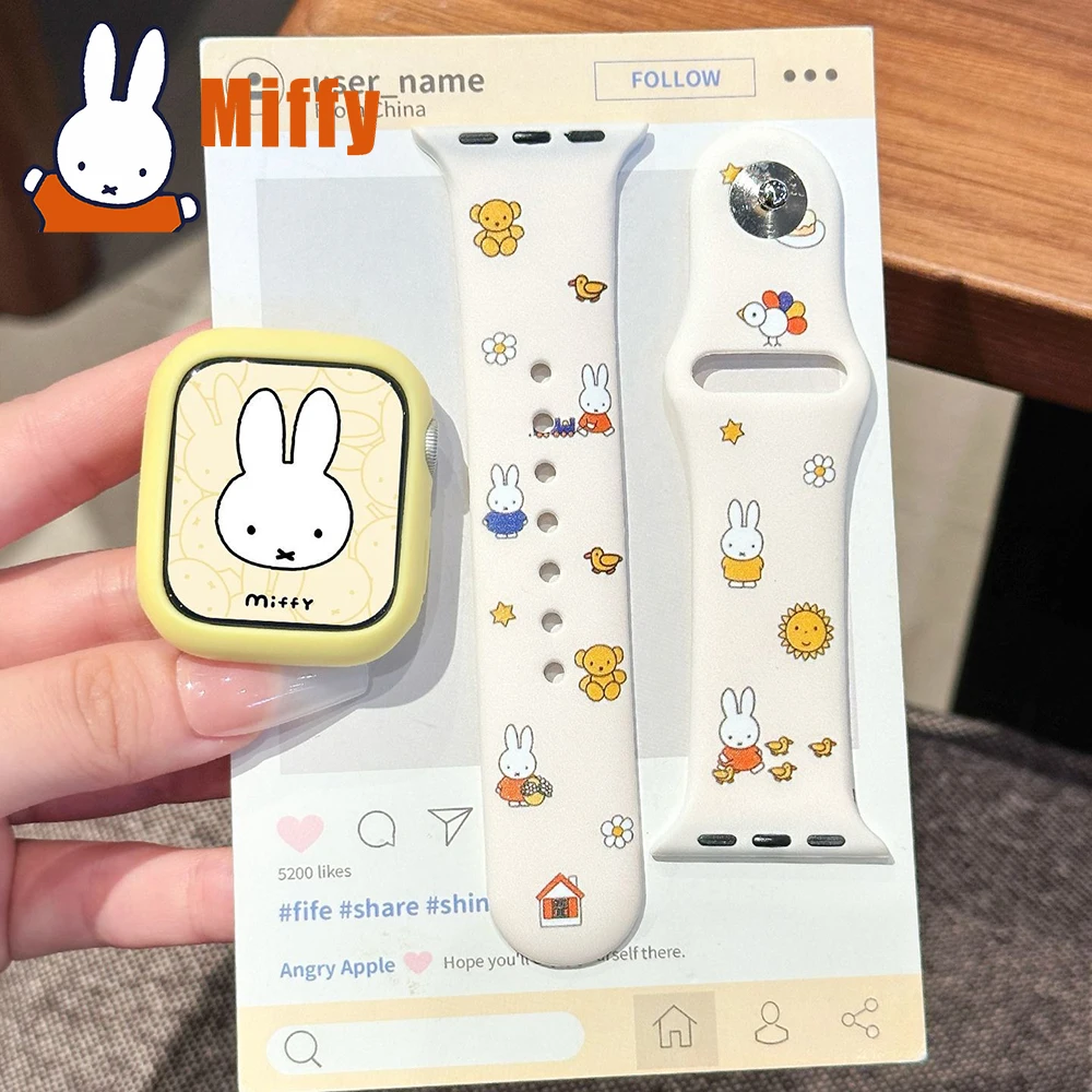 Kawaii Miffy Iwatch S1/2/3/4/5/6/7/8/9/10/SE/Ultra1/2 ремешок для часов с циферблатом, защитный чехол, милый ремешок для часов, силиконовый чехол для девочки, подарок Kawaii Miffy Iwatch S1/2/3/4/5/6/7/8/9/10/SE/Ultra1/2 ремешок для часов с циферблатом, защитный чехол, милый ремешок для часов, силиконовый чехол для девочки, подарок