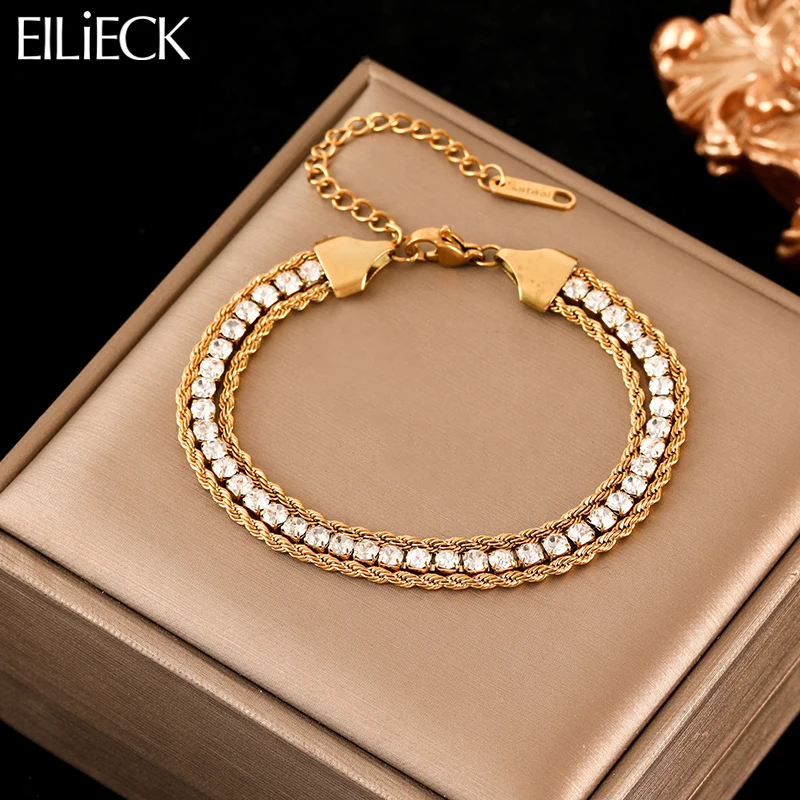 EILIECK 316L Stainless Steel Shiny Cubic Zirconia Bracelet For Women New Trendy Gold Color 18 K Plated Wrist Chain Jewelry Gift