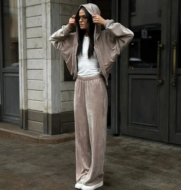 

Spring Autumn Pleuche Two-piece Suit Women's Sports Casual Sets Zip-up Hooded Short Jacket Straight Trousers 2-piece Sets