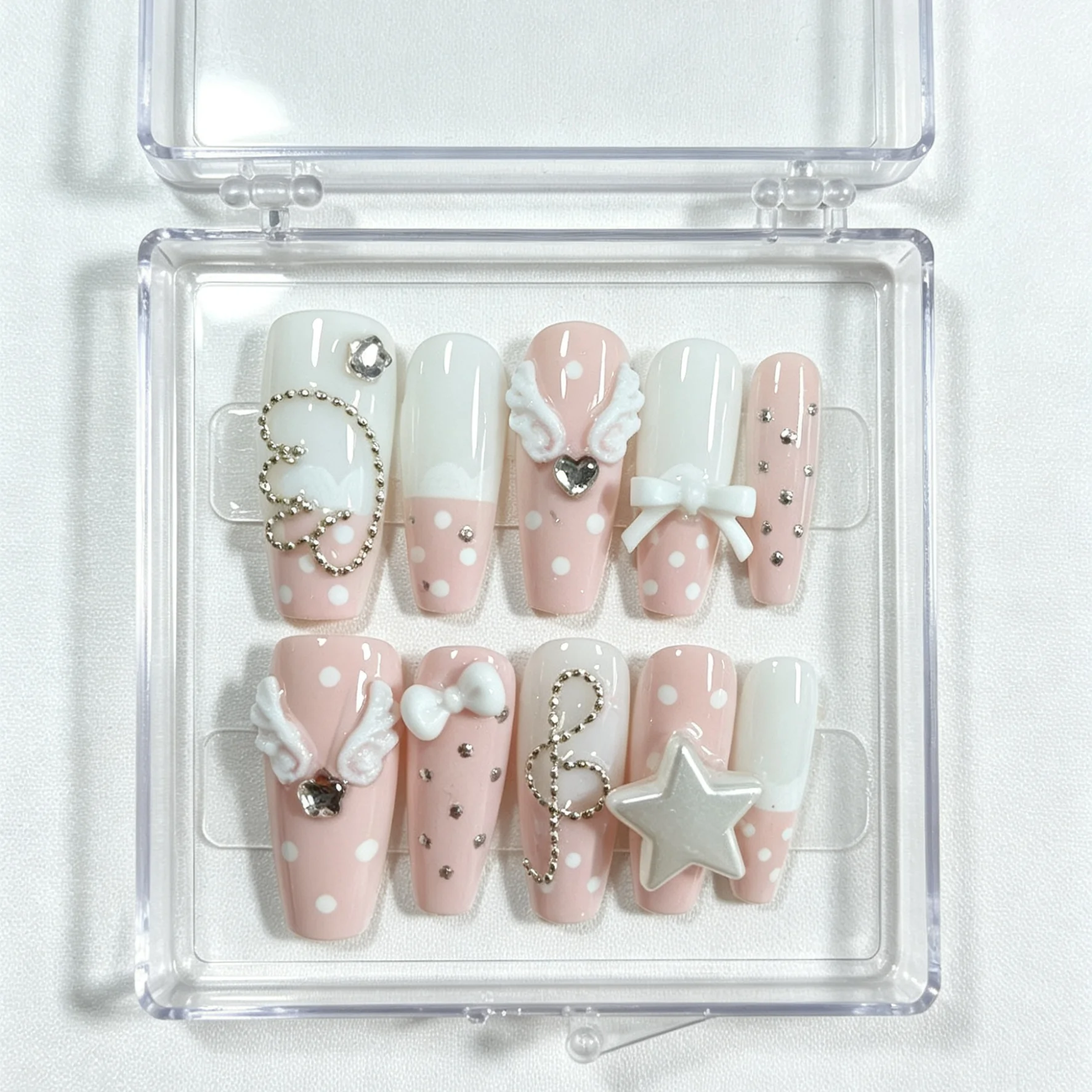 10 faux ongles faits à la main en forme de cercueil, magnifiques faux ongles, ailes roses et blanches, adaptés aux femmes