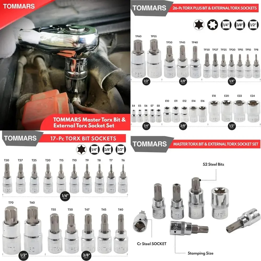

Набор из 60 головок Torx Master и внешних головок, привод 1/4 дюйма, 3/8 дюйма, 1/2 дюйма, стальные биты S2, головки CRV E4-E24, T6-T70, TT6-TT70,