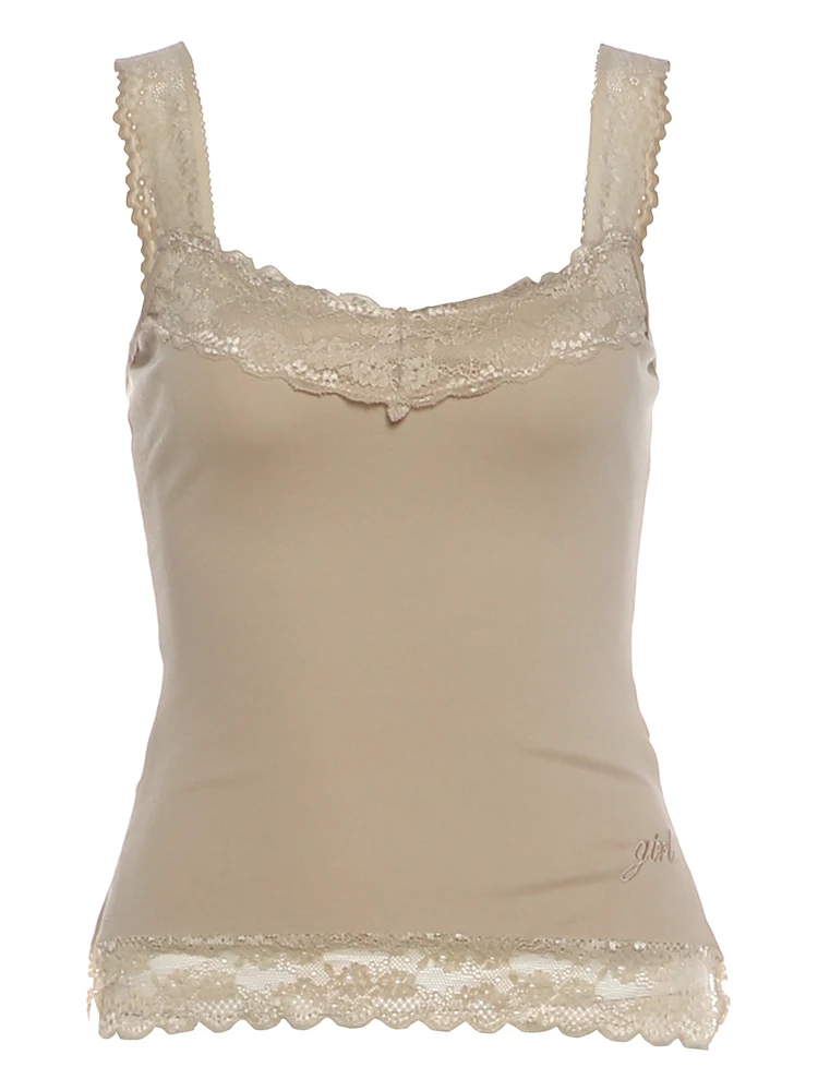 Weird Puss Spitzen-Patchwork-Camisole für Damen, tief ausgeschnitten, eng anliegend, mit seitlichem Schlitz, Midnight Sexy Hottie, wilder Sommertrend, Streetwear – Detail 3