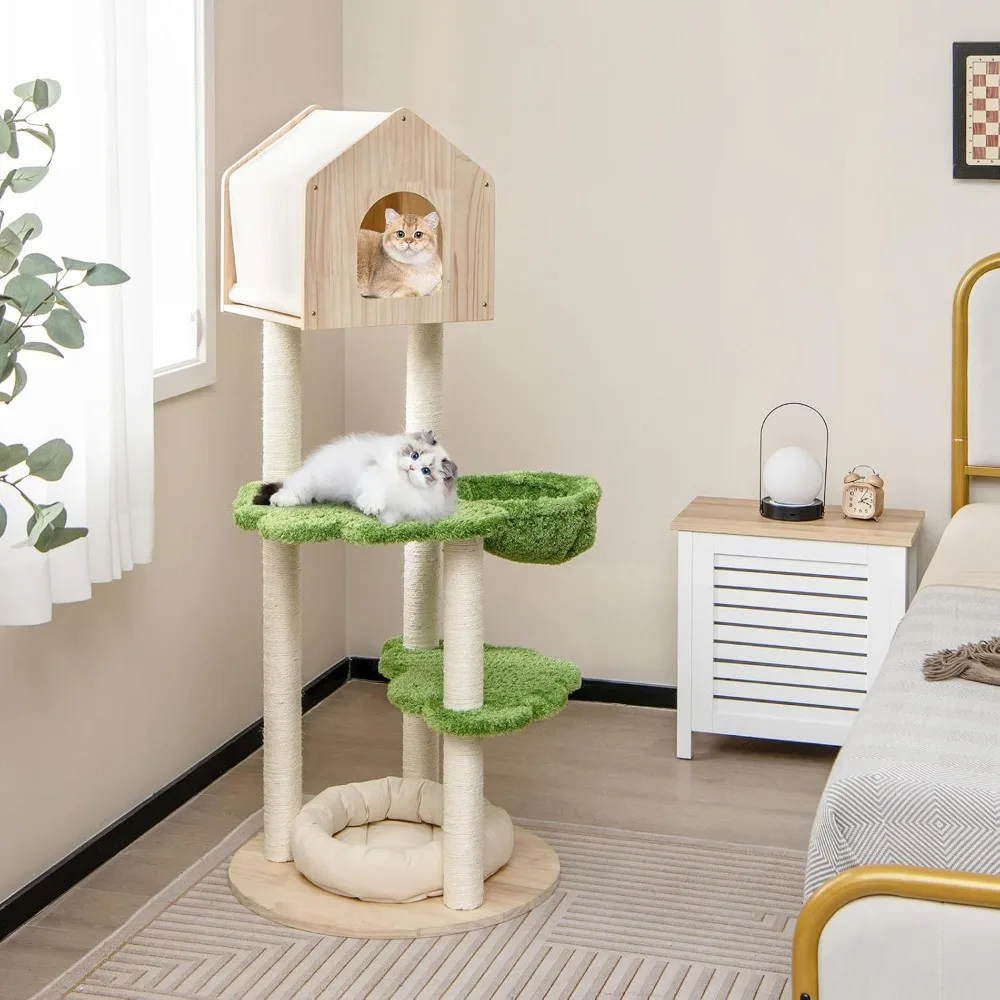

Cat Tree Tower, Multi-Level Modern Wood Cat Tower with Sisal Scratching Posts, Jumping Platforms, Perch, Hammock