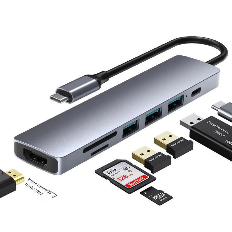 5PCS 7-in-1 USB Hub Type-C Docking Station Splitter With USB3.0 PD TF Over-Function Hub For SD HDMI MacBook Tablet Multi-Port Hu
