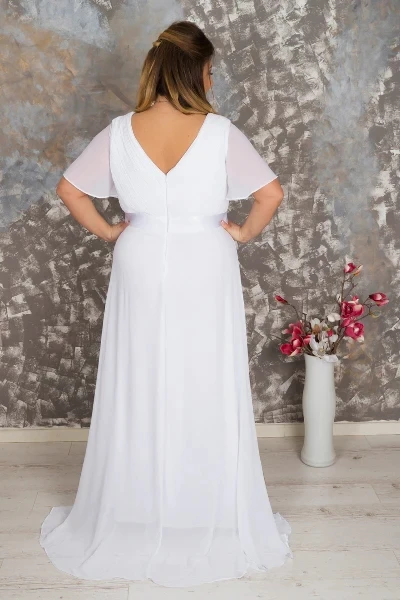 BABYONLINE Chiffon Mother Of Bride Dress in Pristine White V-neckline and Sweeping A-line Skirt Zip-up Back