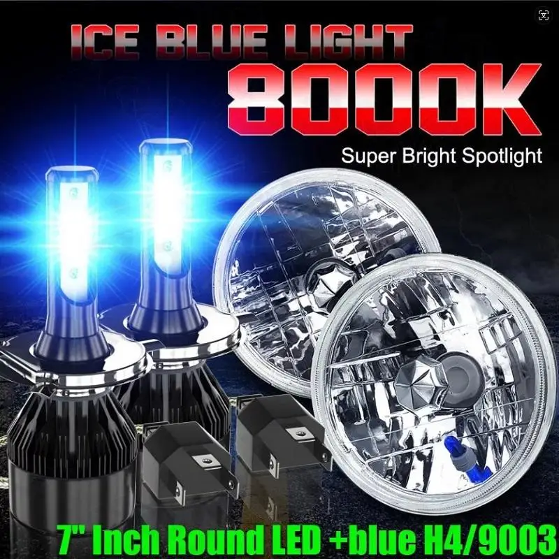 

PCVBMLAUT For Dodge D100 D200 D300 Pickup 7inch Round blue LED Headlight Hi/Lo Sealed Beam