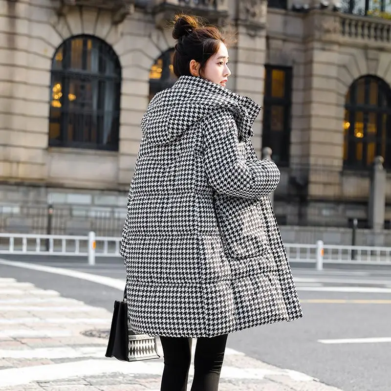 Winter Women Fashion Houndstooth Cotton-Padded Coat Female Mid-Length Loose Thick Outwear Big Pockets Casual Hooded Warm Parkas