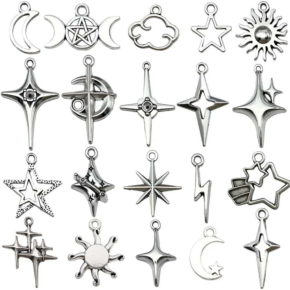 20/40PCS Retro Silver Star Moon Cross Star Alloy Pendant Accessories Making DIY Keychain Earrings Charms  for Bracelets Necklace