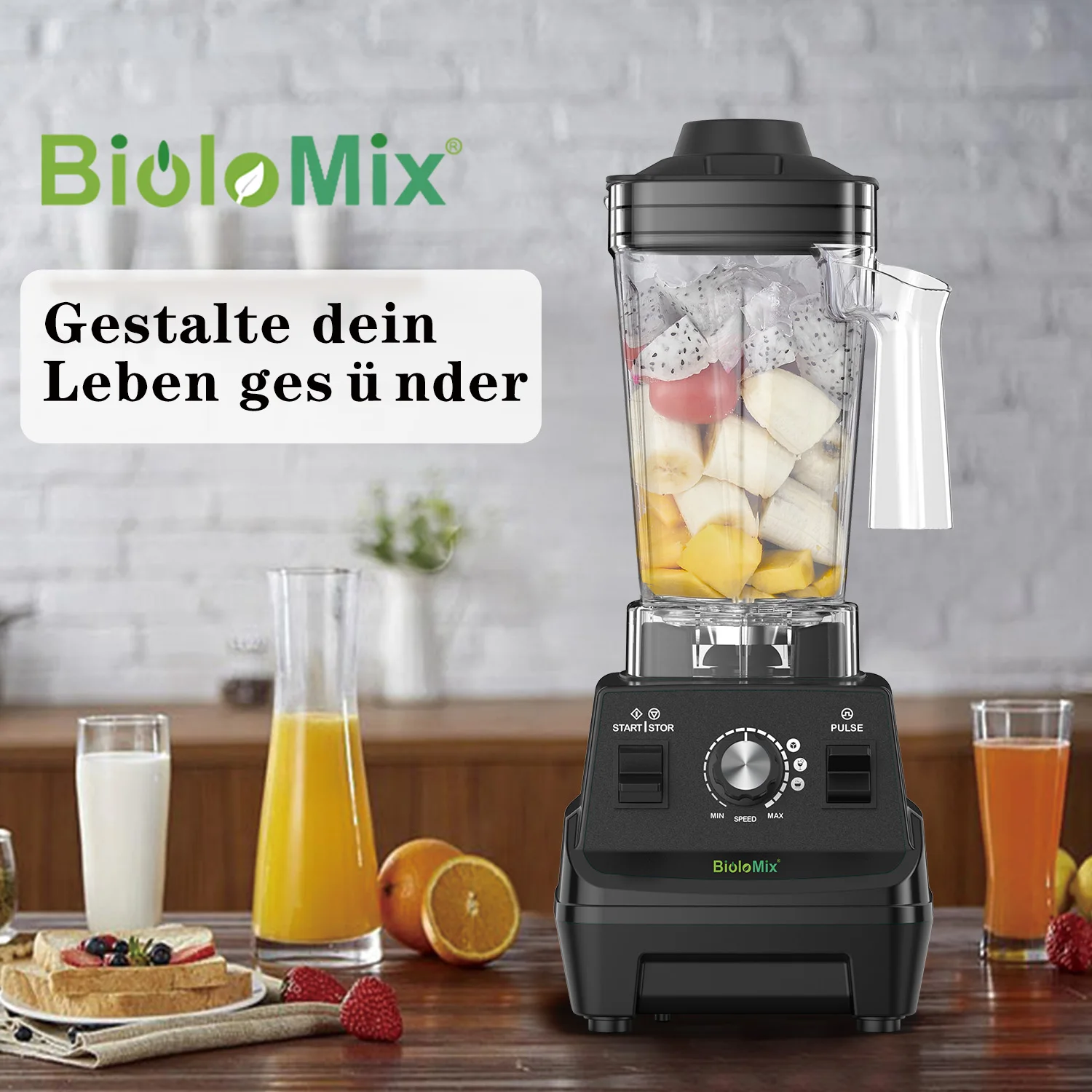 BioloMix Mini Pro Mixer, 1800 W Motor, 1,8 l Hauptglas, 0,6 l tragbarer Becher, BPA-frei, robuster Entsafter, Smoothie-Maker und Mühle – Detail 1