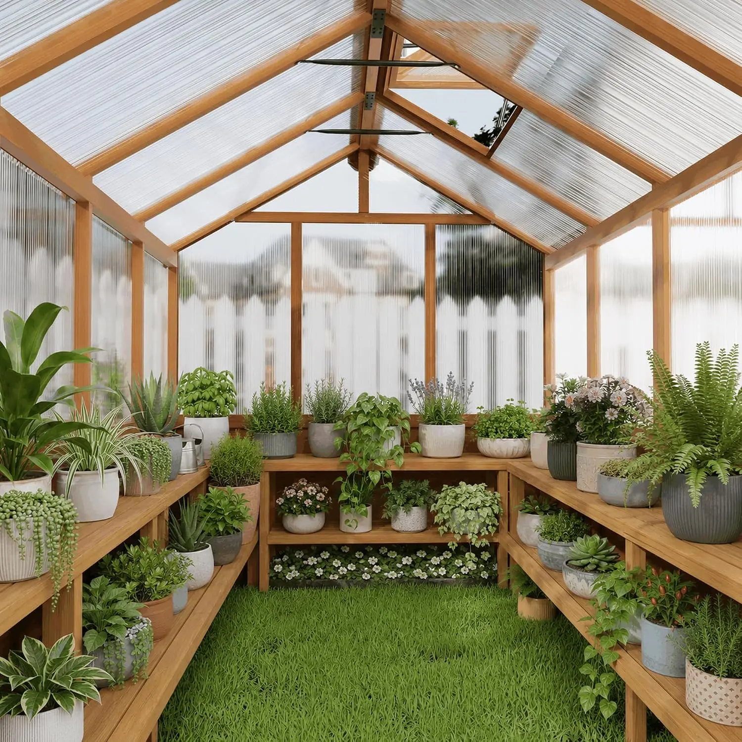 6x8 FT Wooden Greenhouse,Natural Wood Garden House for Plants,Heavy Duty Green House with Polycarbonate Panel, Walk-in Large Gar