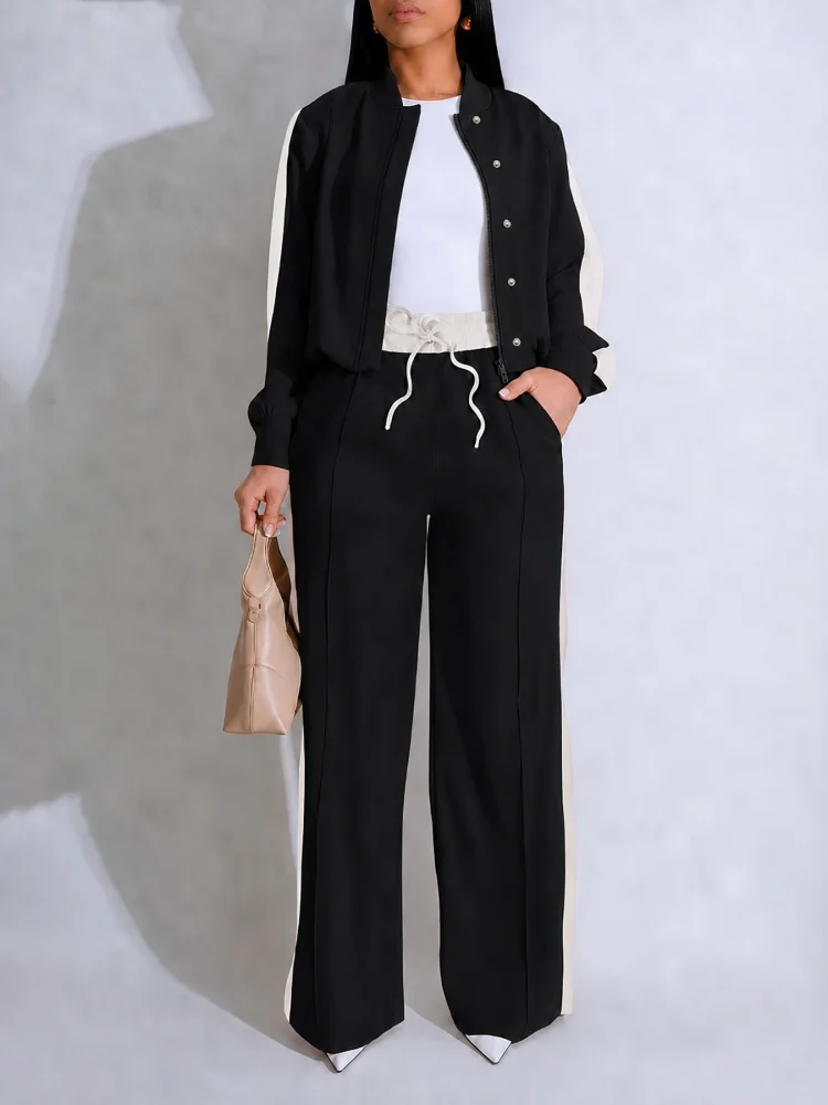 Women Striped Two Piece Tracksuit Stand Collar Zip Jacket Elastic Drawstring Wide Leg Pants Loose Sports Matching Outfit Street