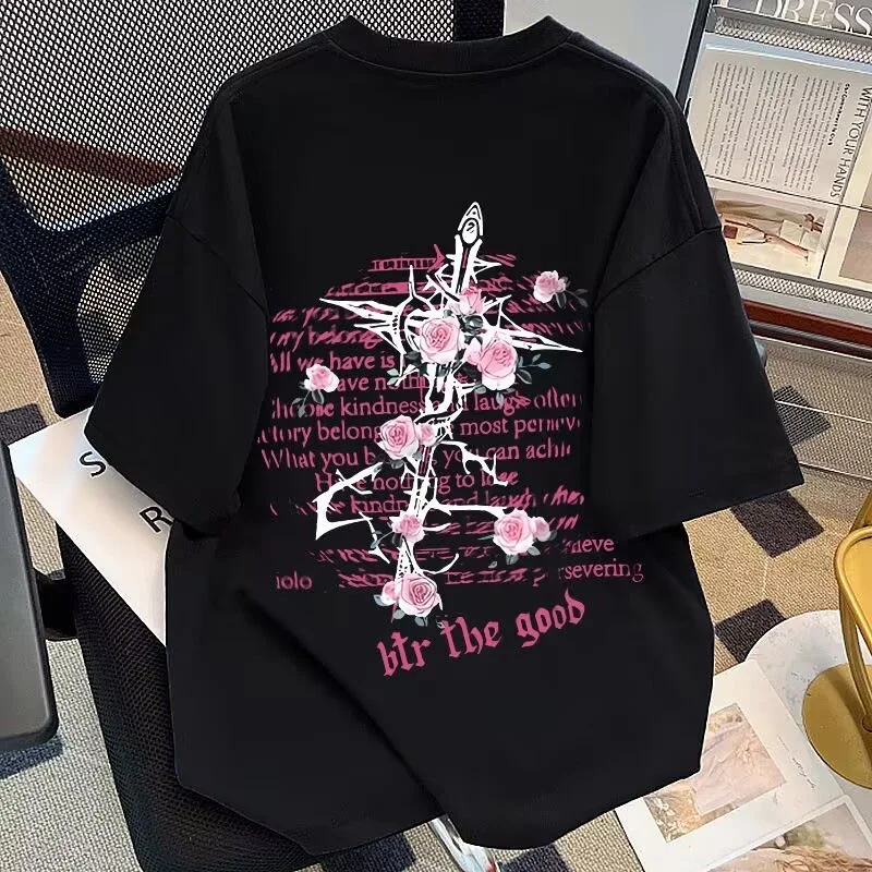 

American retro high street ruffian handsome cross print short sleeved t-shirt for men and women summer loose half sleeved top