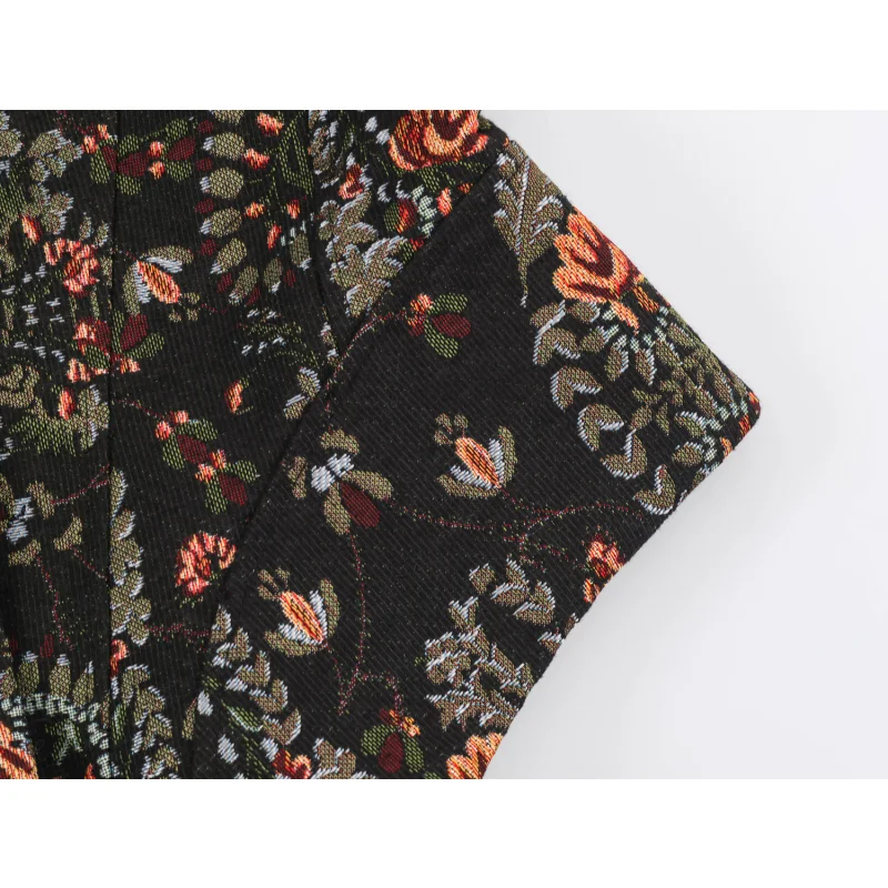 2026 Neue Vintage-Blumenjacquard-Jacke für Damen mit Stehkragen, langen Ärmeln, unregelmäßigem, abgerundetem Saum und Knopfverschluss, kurzer Mantel. – Detail 8