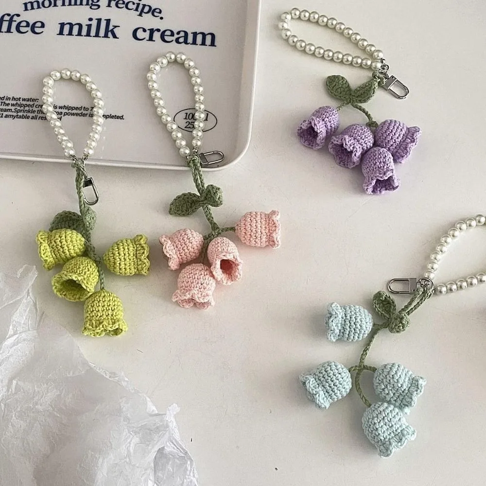 Creative Pearl Chain Orchid Key Ring Wool Crocheted Bag Pendant Knitted Bag Pendant Handmade Key Chain Key