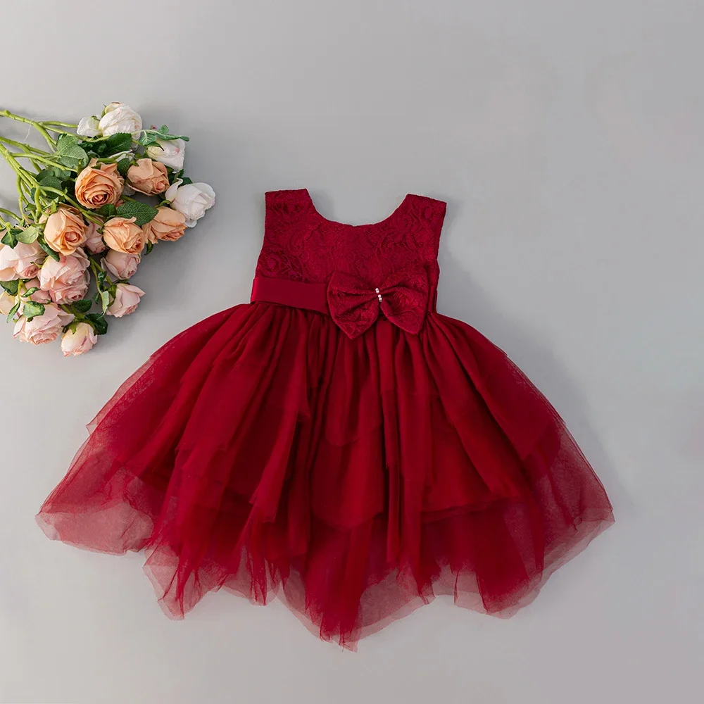 Red Lace Baby Dresses Christening Gown for Kids Princess Bowknot Toddler Girl Clothes Newborn Things 0-2Y