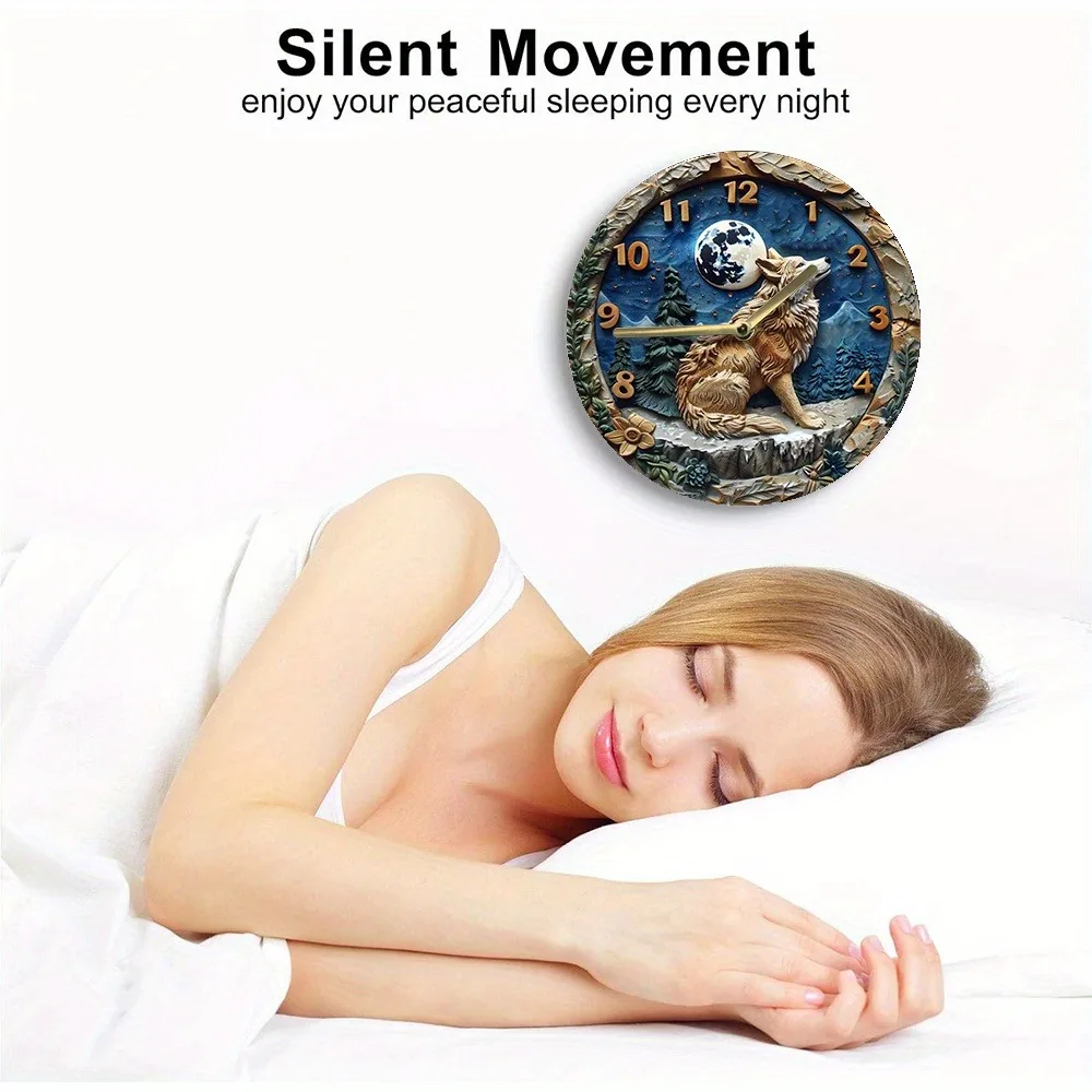 Wooden wall clock with wolf - moon pattern, silent for peaceful sleep. Ideal for bedroom. Requires AA batteries