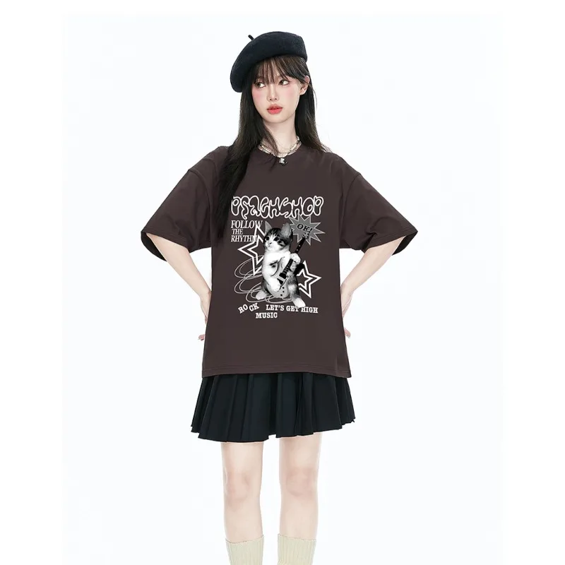 

New American Cartoon Guitar Cat 3D Printed Quick Drying Short Sleeved T-shirt for Summer Loose and Versatile Top Trend