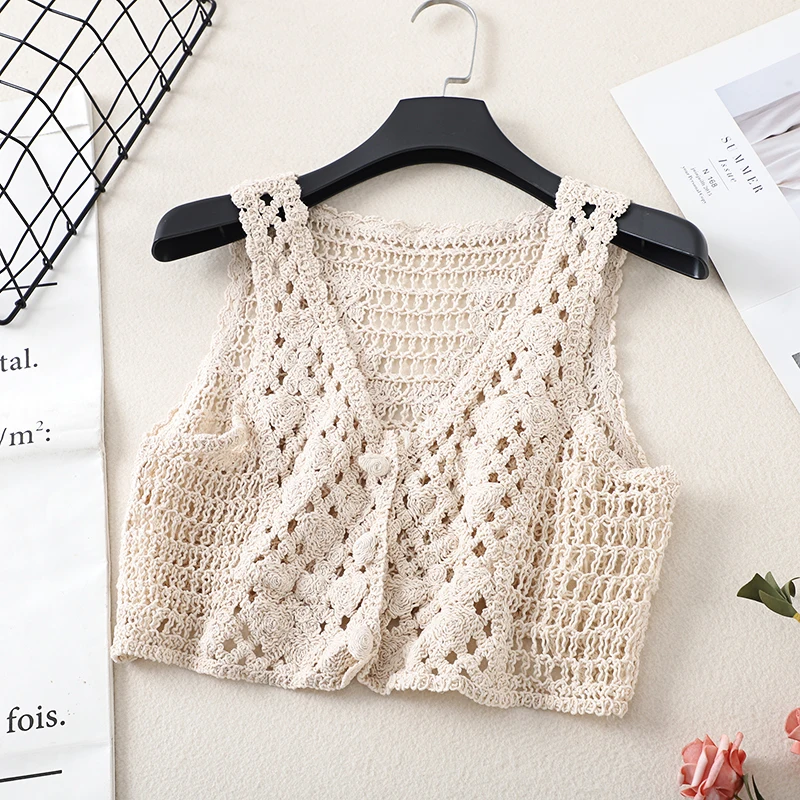 Spring Autumn Crochet Sweater Vest Women Korean Style Fashion V-neck Sleeveless Cropped Tank Top Beige White Shrug Cover-Up