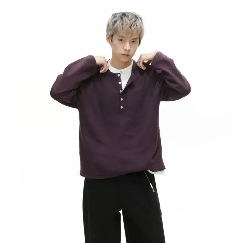 

Нишевый дизайн, мужские свитера с круглым воротником, искусственные двухсекционные свободные мужские пуловеры с пуговицами контрастного цвета и длинными рукавами