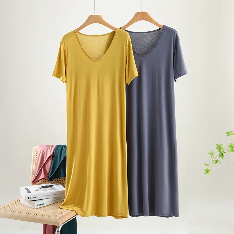 Modal Loose Fit Short Sleeve U-Neck Long Dress Summer Thin Outerwear Nightgown Home Dress  Color Simple Design Dress