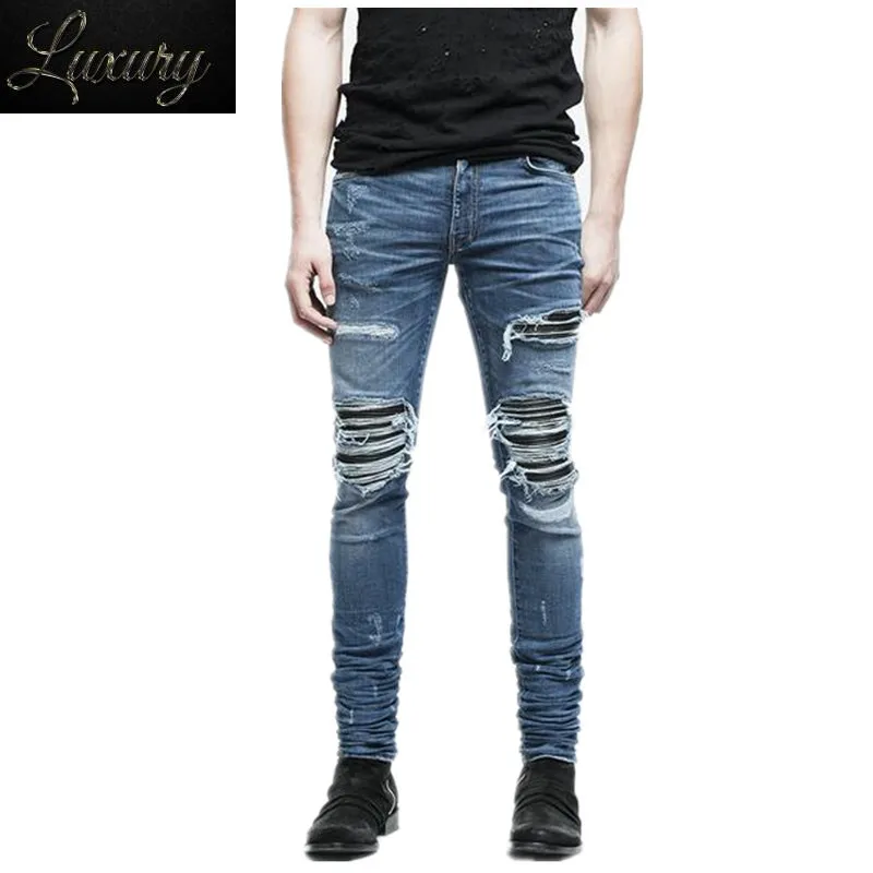 

Men Fashion Brand Designer Ripped Biker Jeans Distressed Moto Denim Joggers Destroyed Knee black Leather Pleated Patch