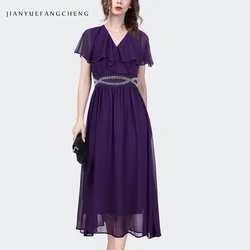 Womens Summer Short Sleeve V-Neck Ruffles Purple Chiffon Dress Gems-setting High Waist A-line Elegant Flowing Maxi Dresses