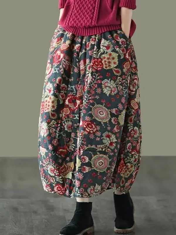 

Artistic Print Cotton Linen Blend Elastic Waist Midi Skirt Women's Faion Winter Collection Ciwalk A-Line Skirt