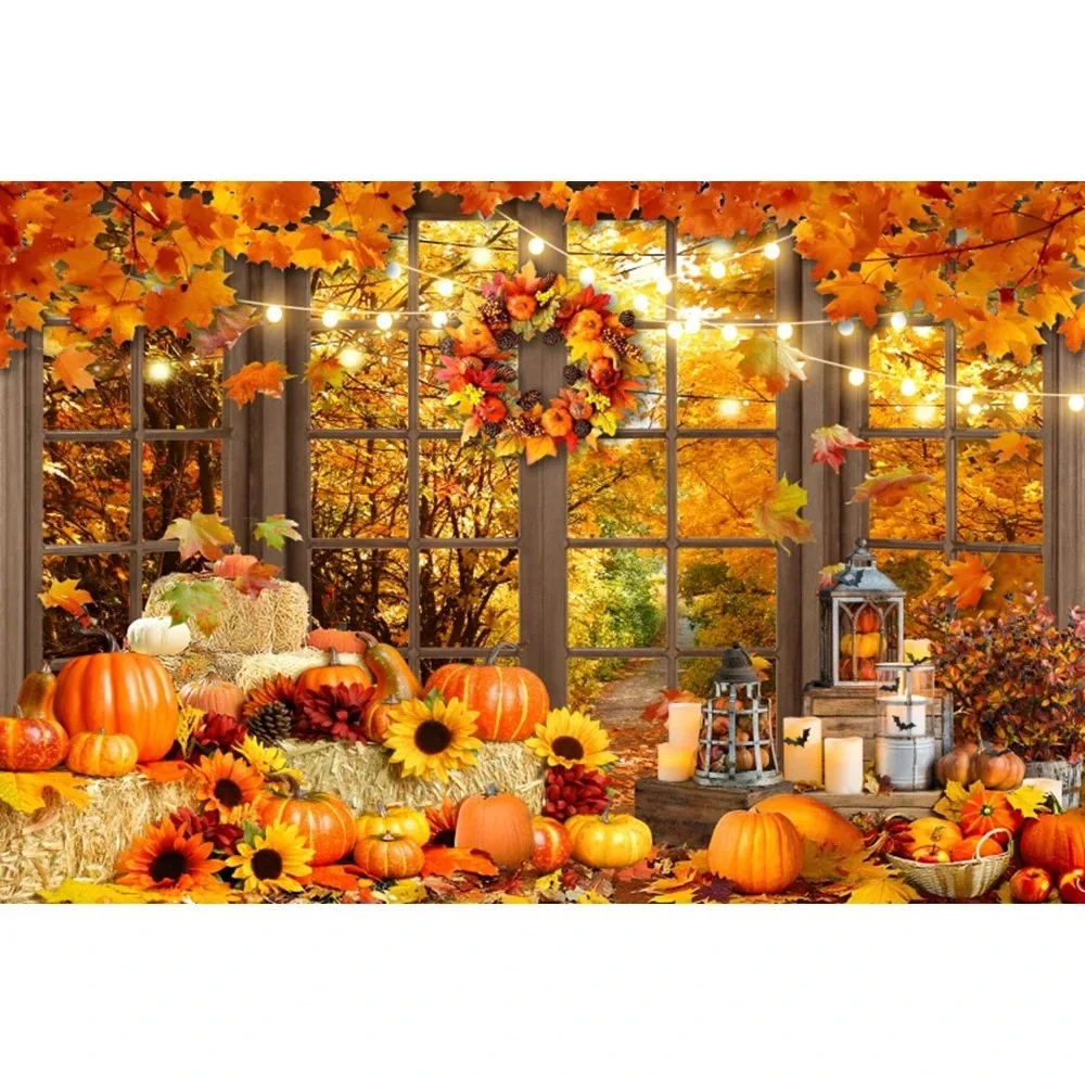 Arrière-plan de fenêtre de forêt d'automne, feuilles d'érable d'automne, récolte de citrouille, Portrait d'enfants de Thanksgiving, décor de fond de photographie