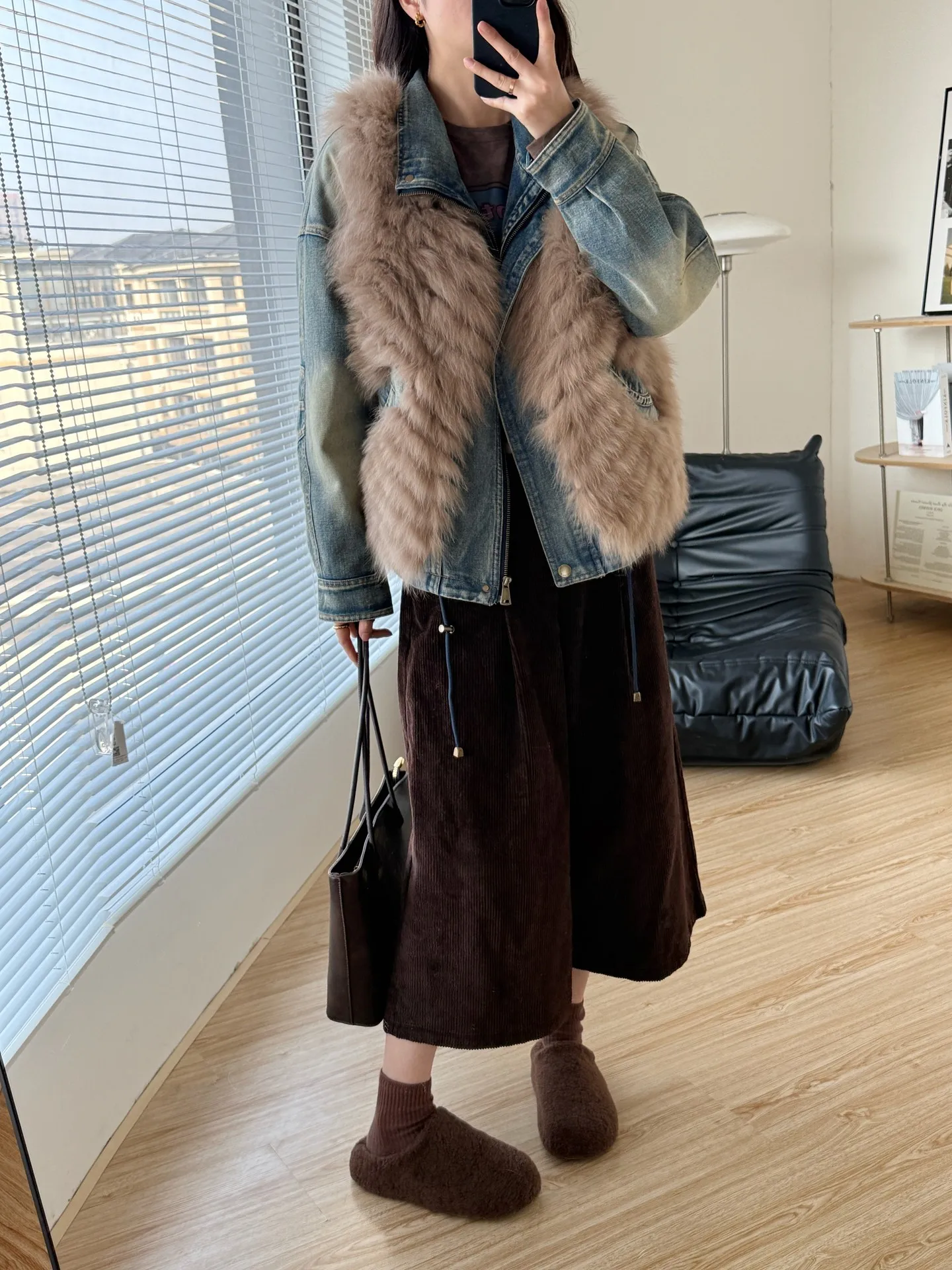 2025 겨울 필드 신상 투피스 데님 폭스 퍼 베스트 재킷, 구스다운 이너 라이너 포함, 필수템