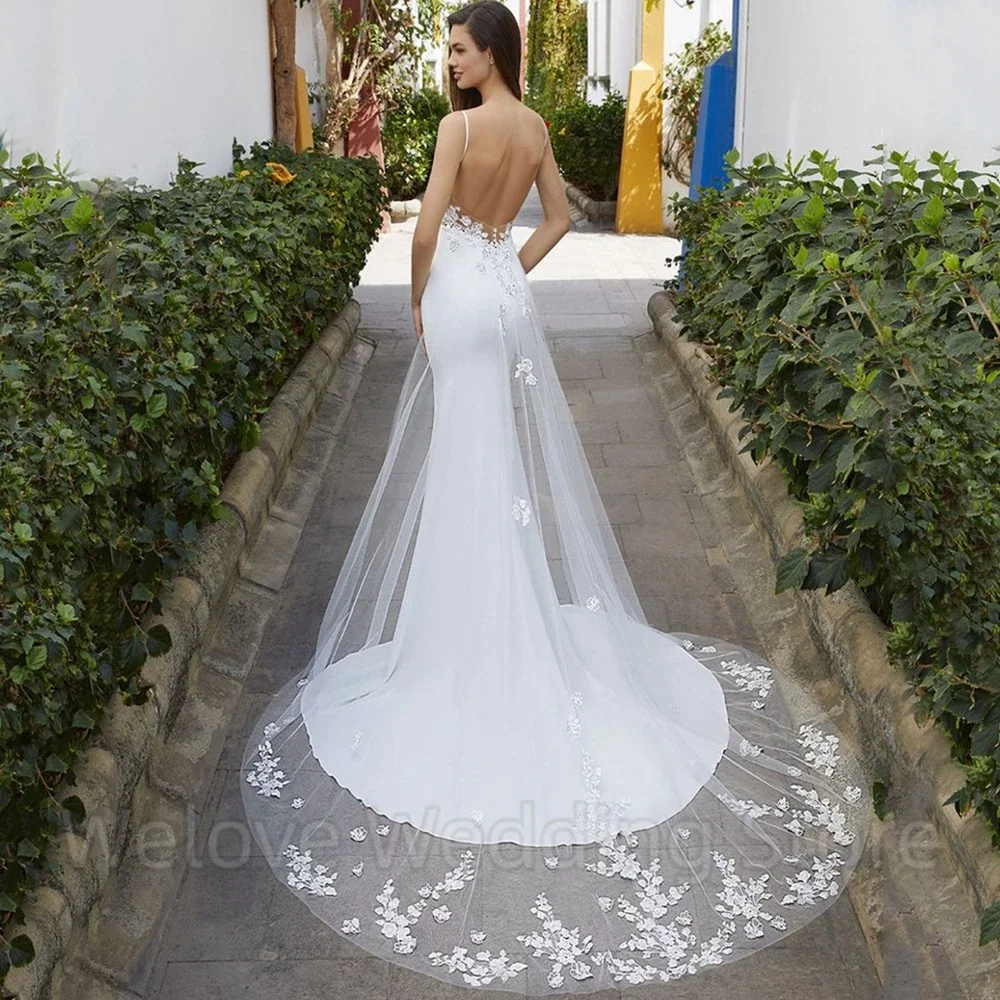 Klassisches Meerjungfrau-Hochzeitskleid mit Spaghettiträgern, sexy, offener Rücken, ärmellos, mit Applikation, Tüll, Sweep-Zug, individuelle Brautkleider