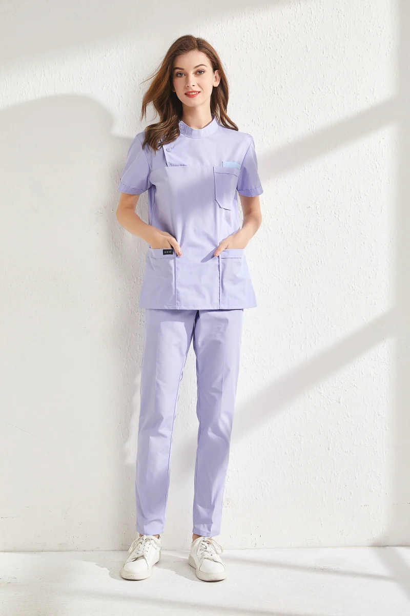 Sommer Neue Kurzarm Stehkragen Nurse Uniform Set frauen Haut Pflege Dental Klinik Scrubs Workingwear Licht Blau