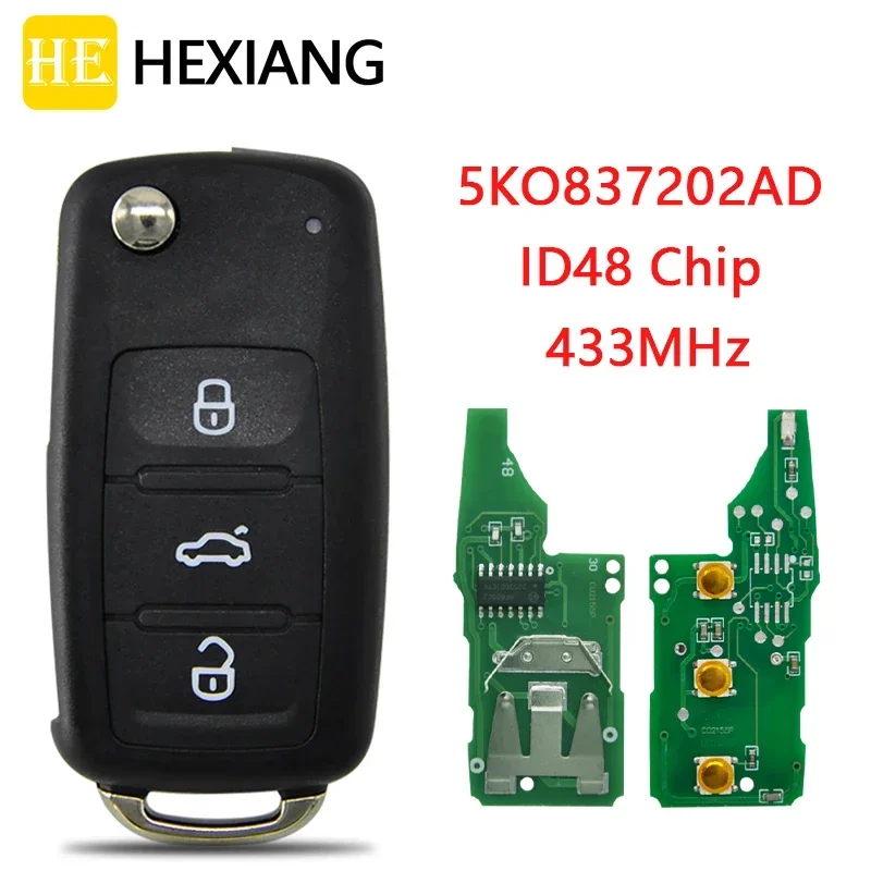 HE Xiang Car Remote Key For VW Volkswagen Golf Tiguan Polo Jetta Beetle Passat Bora 5KO837202AD 433Mhz ID48 Replace Flip