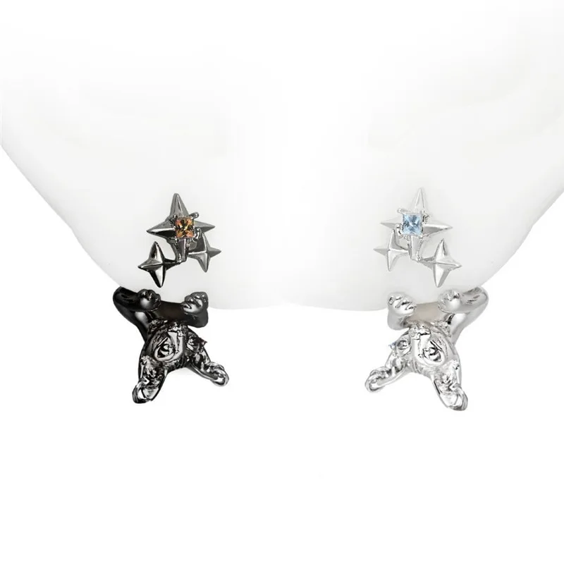 

Animal Series Silver Color Decorated with Blue Zircon Picking Stars Cat The Cat Hangs Upside Down with Detachable Cat Earrings